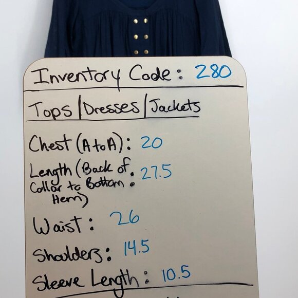 Wilfred Aritzia Navy Blue 3/4  balloon sleeve gold studded scoop neckline tunic - Picture 13 of 15